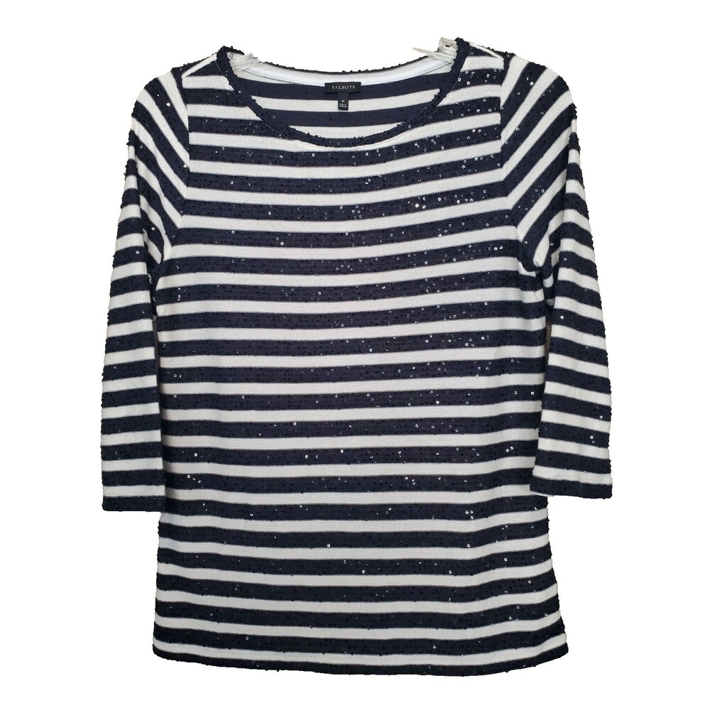 TALBOTS Navy/White Striped Sequin 3/4 Sleeve Knit Blouse Size Medium